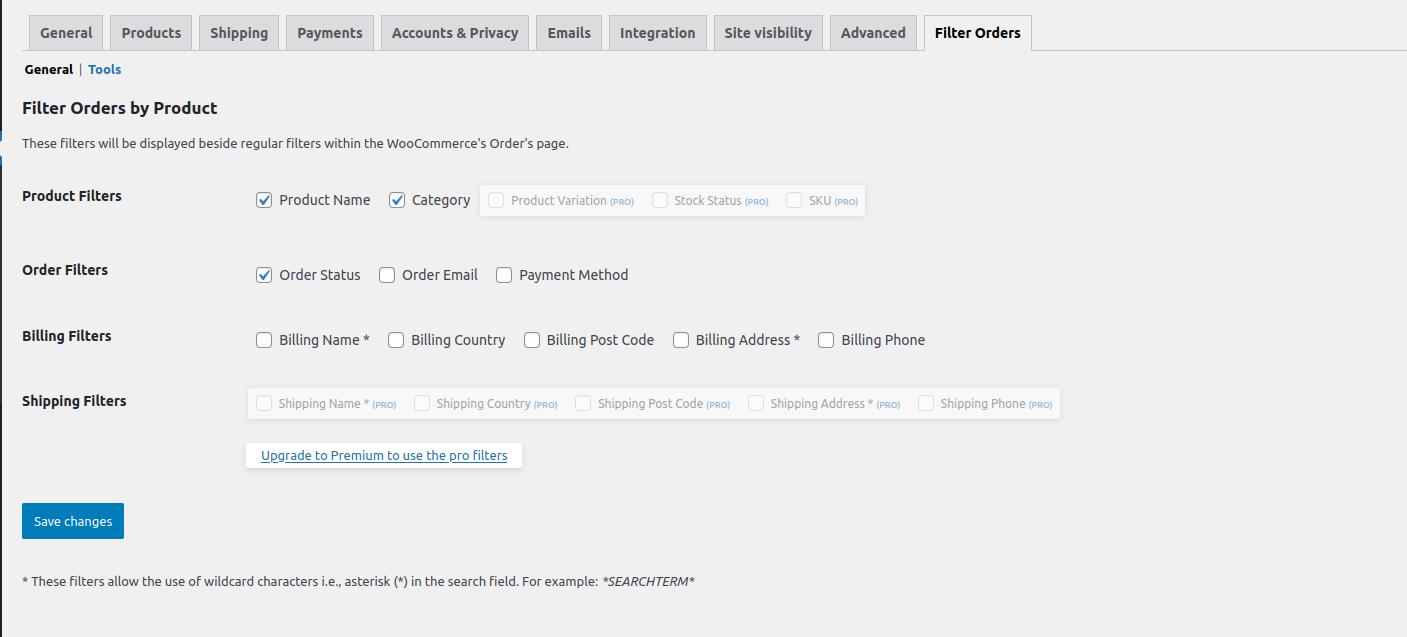 Filter Orders settings tab showing Product, Order, Billing and Shipping filters with Pro options greyed out